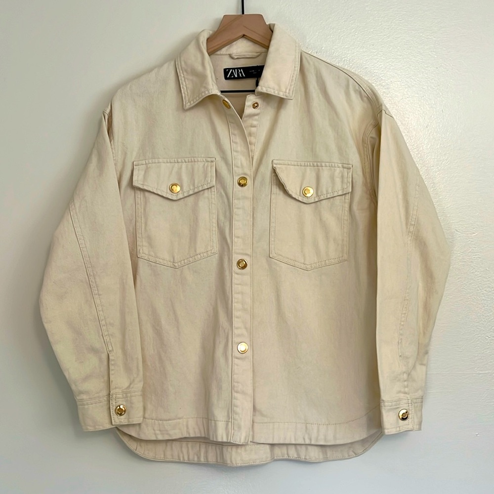 ZARA Oversized Denim Shacket with Gold Buttons, Cream